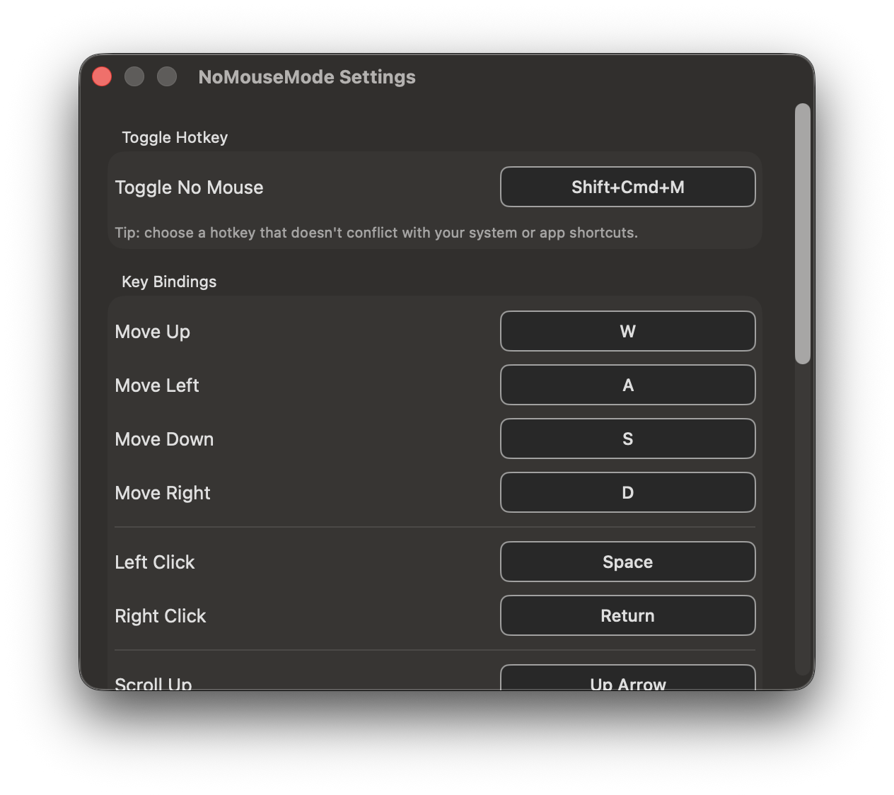 No Mouse Mode settings panel showing customizable key bindings for cursor movement, click actions, scroll speed, and acceleration options on macOS